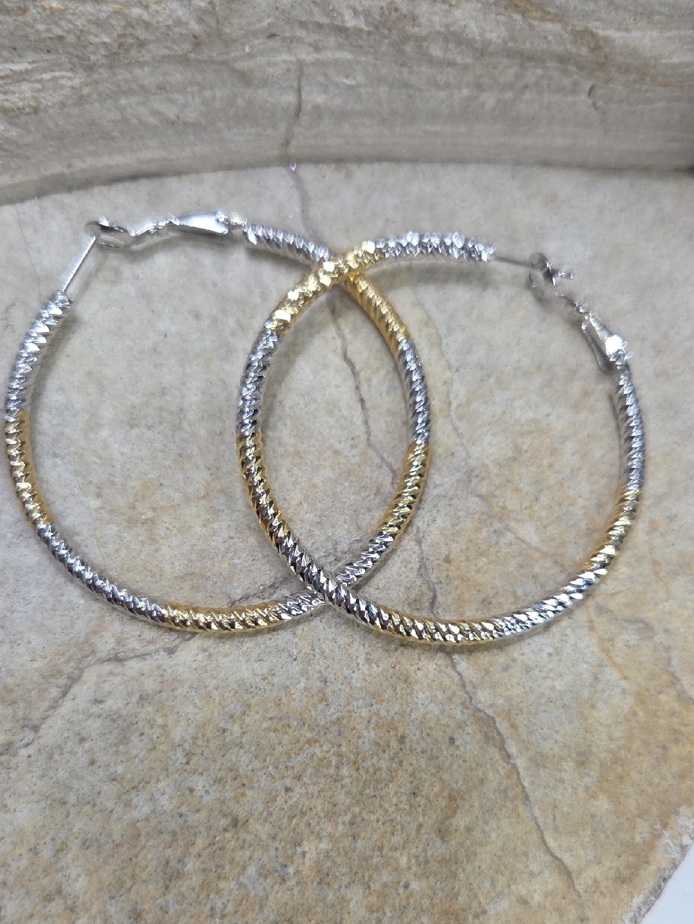 Two-Tone Gold & Silver Textured Hoop Earrings